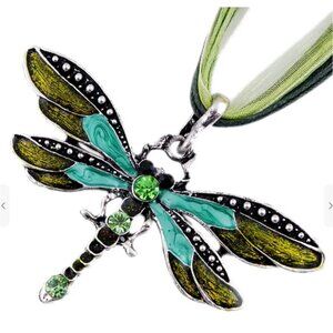 Stylish Dragonfly Pendant Necklace With Green & Turquoise Enamel on Ribbon
